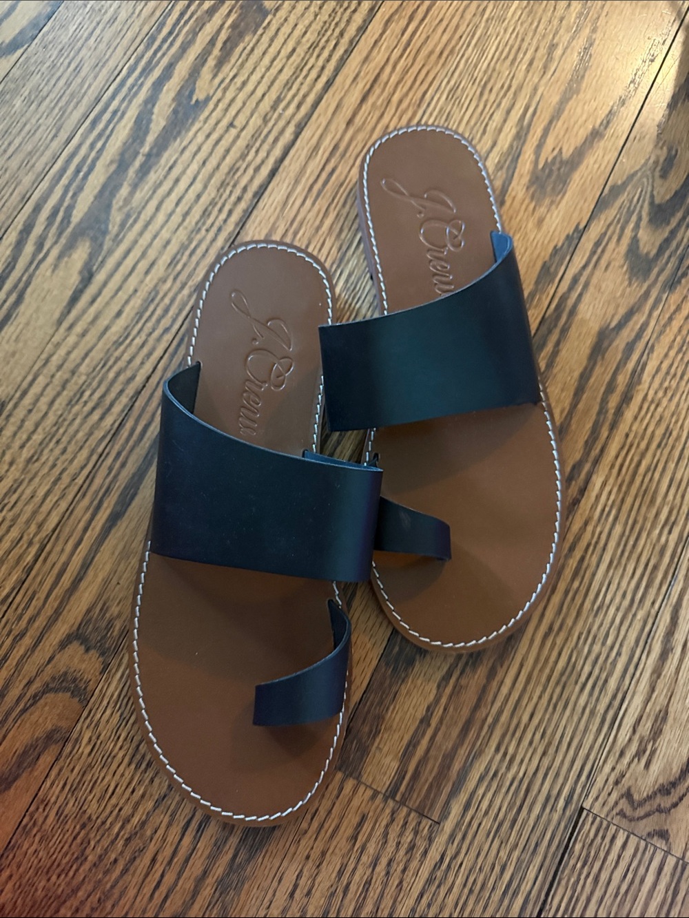 J. Crew Black Strap Brown Footbed Leather Slide Sandals